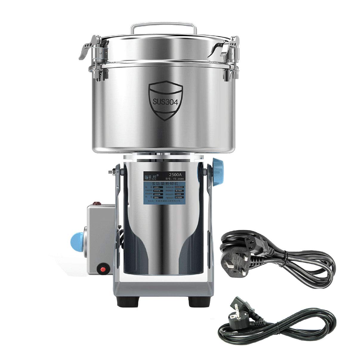 HSJCZMDGrain Grinder Mill,304 stainless steel powder machine grinder,2000w Commercial Powder Machine with Overload Protection 3 min Timer,2500g