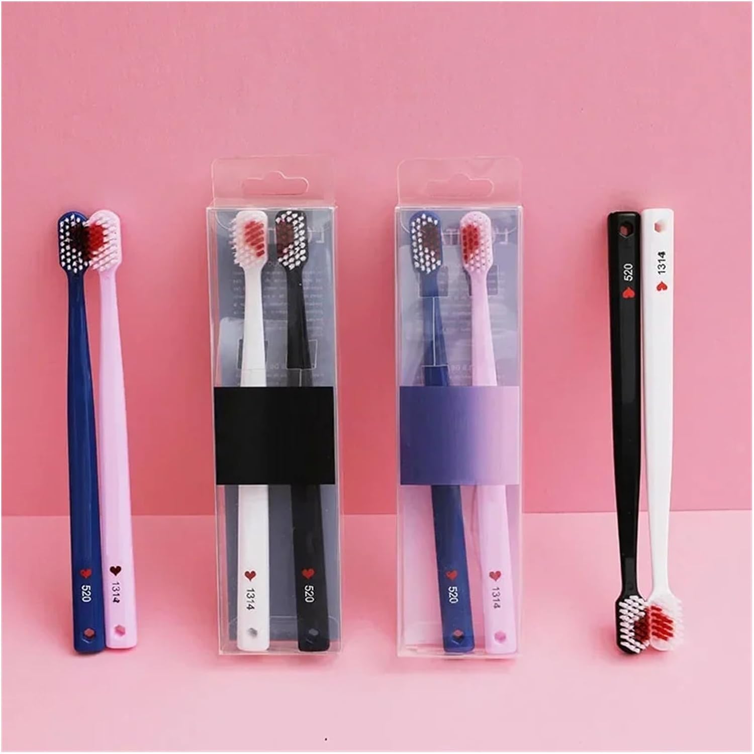 Manual Toothbrush 2pcs Soft-Bristle Toothbrush Black White Heart Couple Brush Teeth Adults Toothbrush Care Travel Essentials Toothbrush(Pink and Blue)