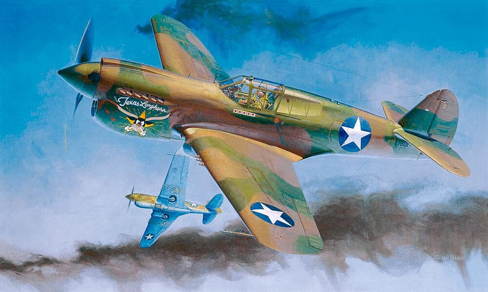 Hasegawa 1/32 P-40E Warhawk Texas Longhorn with Pilot Figure, Drop Tank and 500Ib Bomb, Geformte Farbe