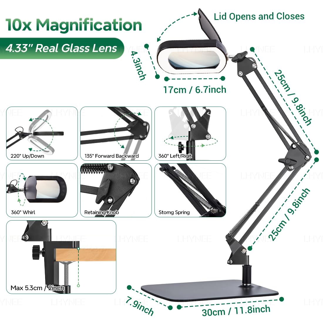 10x Lampe Loupe sur Pied, 2-en-1 LED Loupe Eclairante avec Couvercle de Protection, Lampe de Bureau avec 5 Modes de Couleurs pour Lecture, Réparation, Artisanat, Travaux de Précision