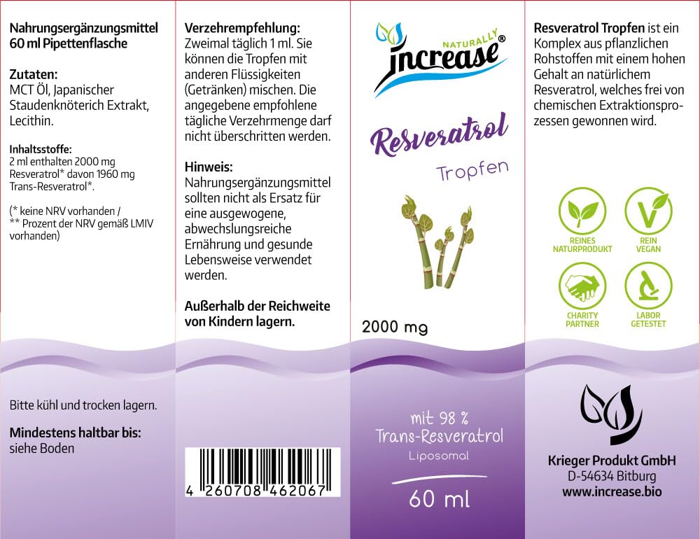 Liposomale Resveratrol Tropfen hochdosiert - (60.000mg pro Packung) 2000mg aus Japanischem Staudenknöterich pro Tagesdosis davon 1960 mg Trans-Resveratrol (98%) -MCT Öl -Hohe Bioverfügbarkeit