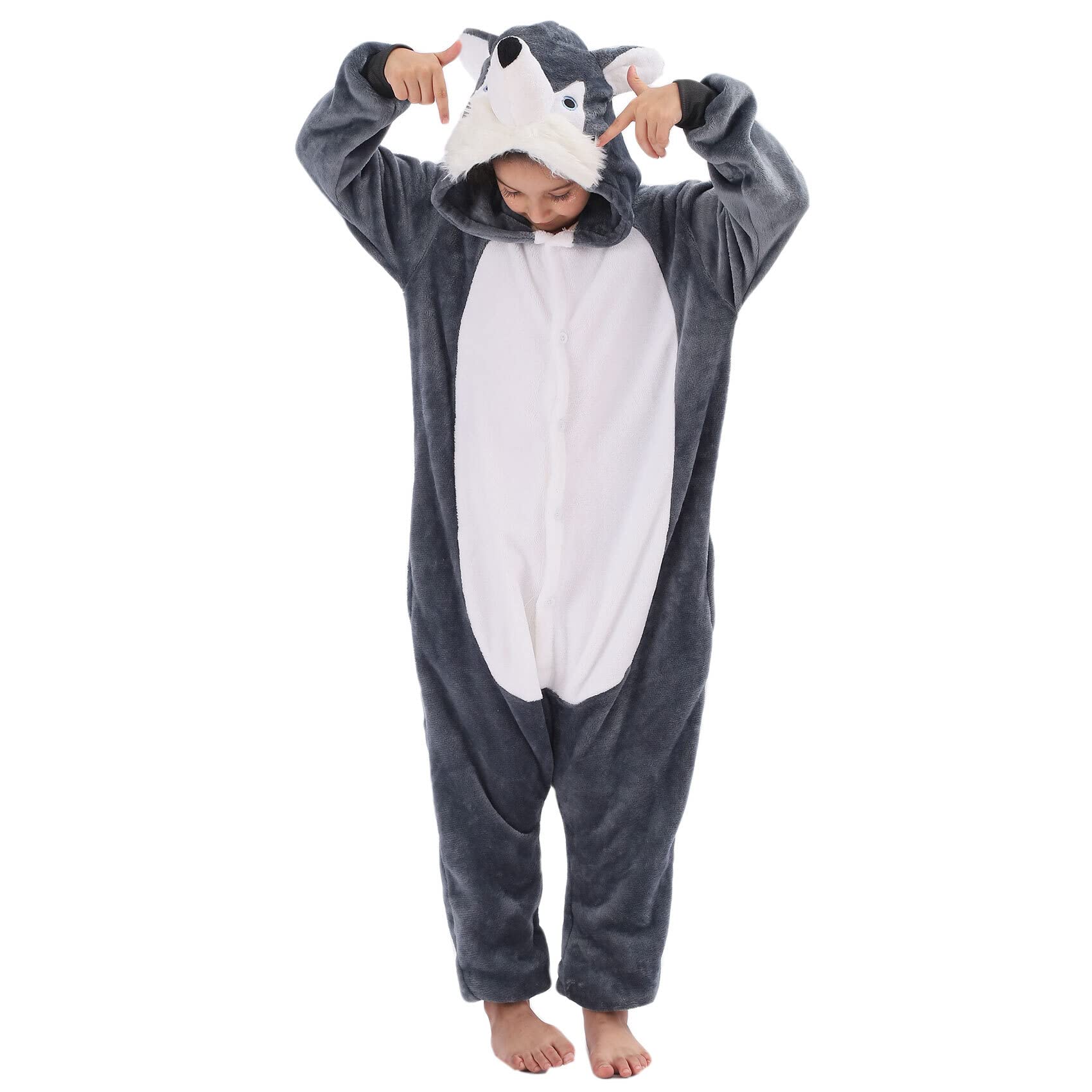 WAFUNNE Flannel Huskies Costume Cosplay Halloween Animal Onesie for Kids Adults Boys Girls Child Huskie 110
