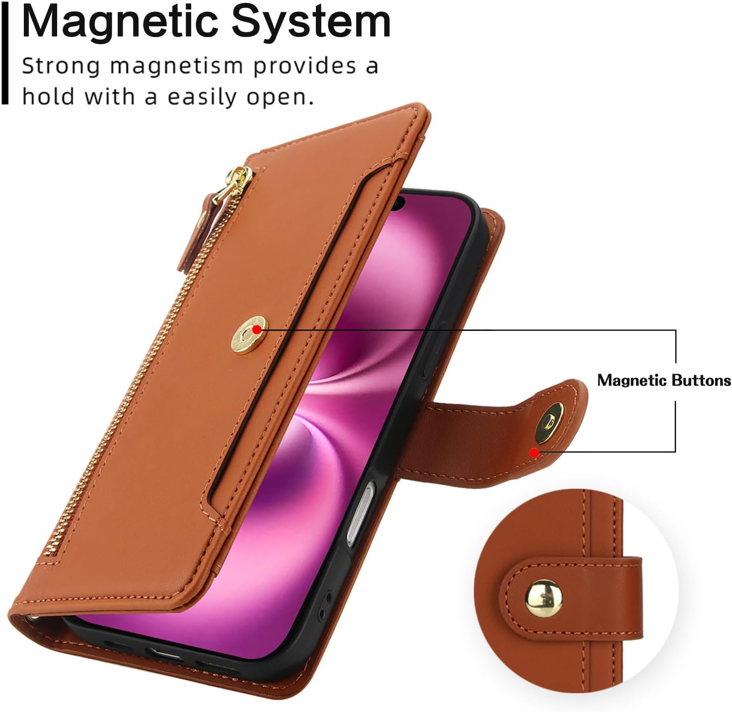 Asuwish Phone Case for iPhone 17 6.3 inch Zipper Wallet Cell Cover, with Tempered Glass Screen Protector and Crossbody Wrist Strap, Kickstand Credit Card Holder i Phone17 i17 17Case Women Girls Brown