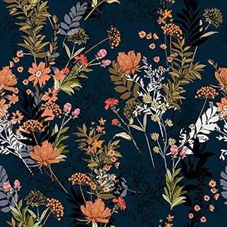 VEELIKE Vintage Black Floral Wallpaper Self-adhesive Orange Flower Contact Paper Tropical Leaf Wall Mural Waterproof Furniture Stickers Worktop Vinyl Covering Cabinet Bathroom Living Room 44.5cm×300cm
