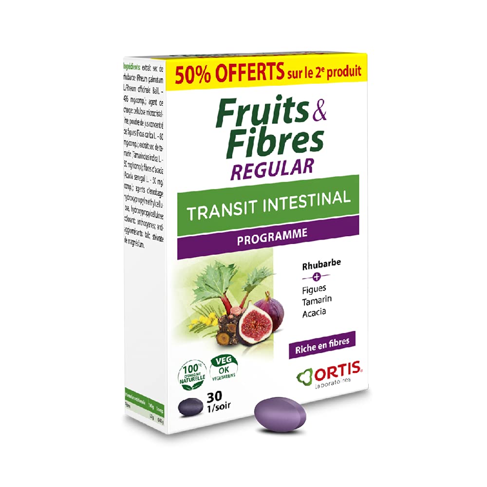 Ortis - Duo Fruits & Fibres Regular Promopack 2 x 30 Tablets - Food Supplement to Promote Intestinal Transit - Regular Intestinal Sloth - 100% Natural Rhubarb Based