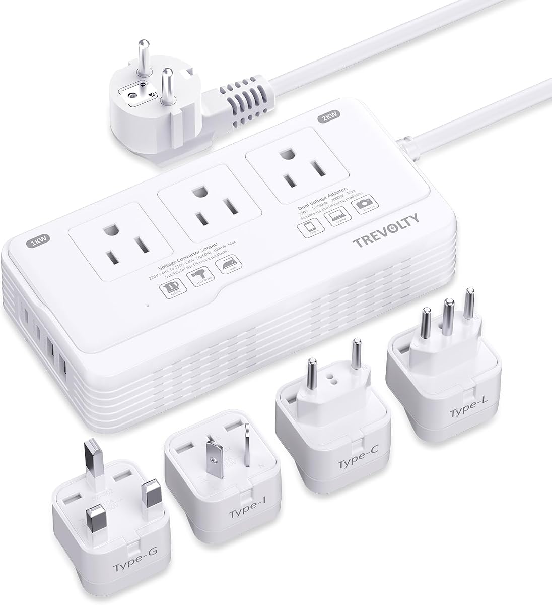 2000W Voltage Converter US to Europe for Hair Dryer, 7 in 1 220V to 110V Converter for European Travel with 3 AC 2 USBC 2 USBA Ports, European Travel Plug Adapter with Type C/G/I/L Power Plugs (White)