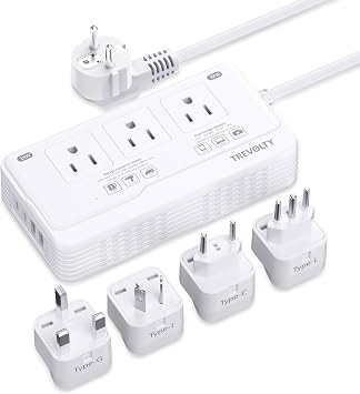 2000W Voltage Converter US to Europe for Hair Dryer, 220V to 110V Converter for European Travel Plug Adapter with 3 AC 2 USBC 2 USBA Ports, Travel Essential with EU UK IT AU Plug White