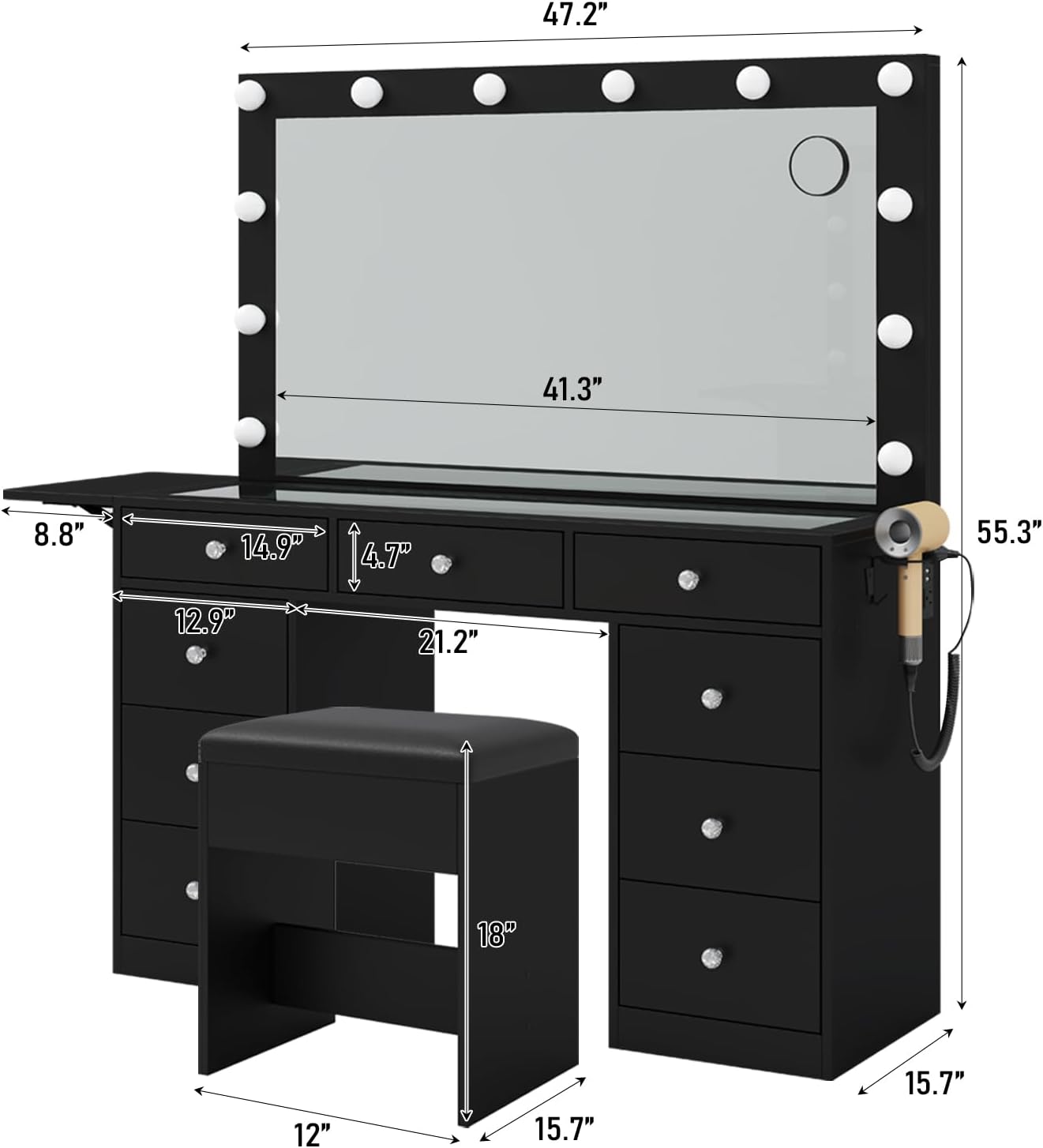 FUSOU Vanity Desk with detailed dimensions