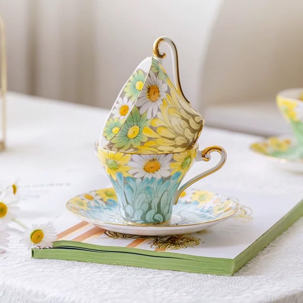 Zestaw filiżanek i spodków do herbaty z porcelany kostnej, filiżanka do kawy ze spodkiem - 2 sztuki, dla kobiet i na spotkania herbaciane