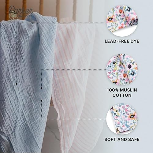 Miniatura 4 de Parker - Mantas para bebé, paquete de 3 mantas de muselina 100% algodón para bebés y niñas, juego de flores