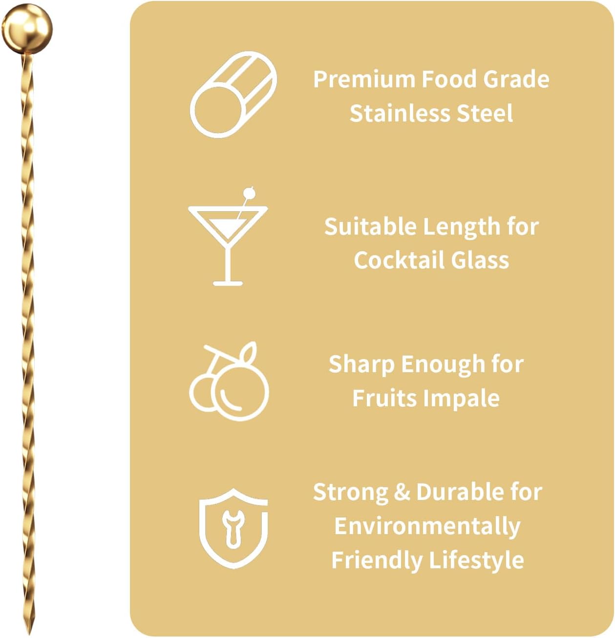 Metal Thread Cocktail Picks 12Pack, 304 Stainless Steel Cocktail Toothpicks, Reusable Cocktail Skewers, Garnish Picks Bloody Mary Skewers, Metal Martini Picks for Olives Appetizers Fruit (Golden)
