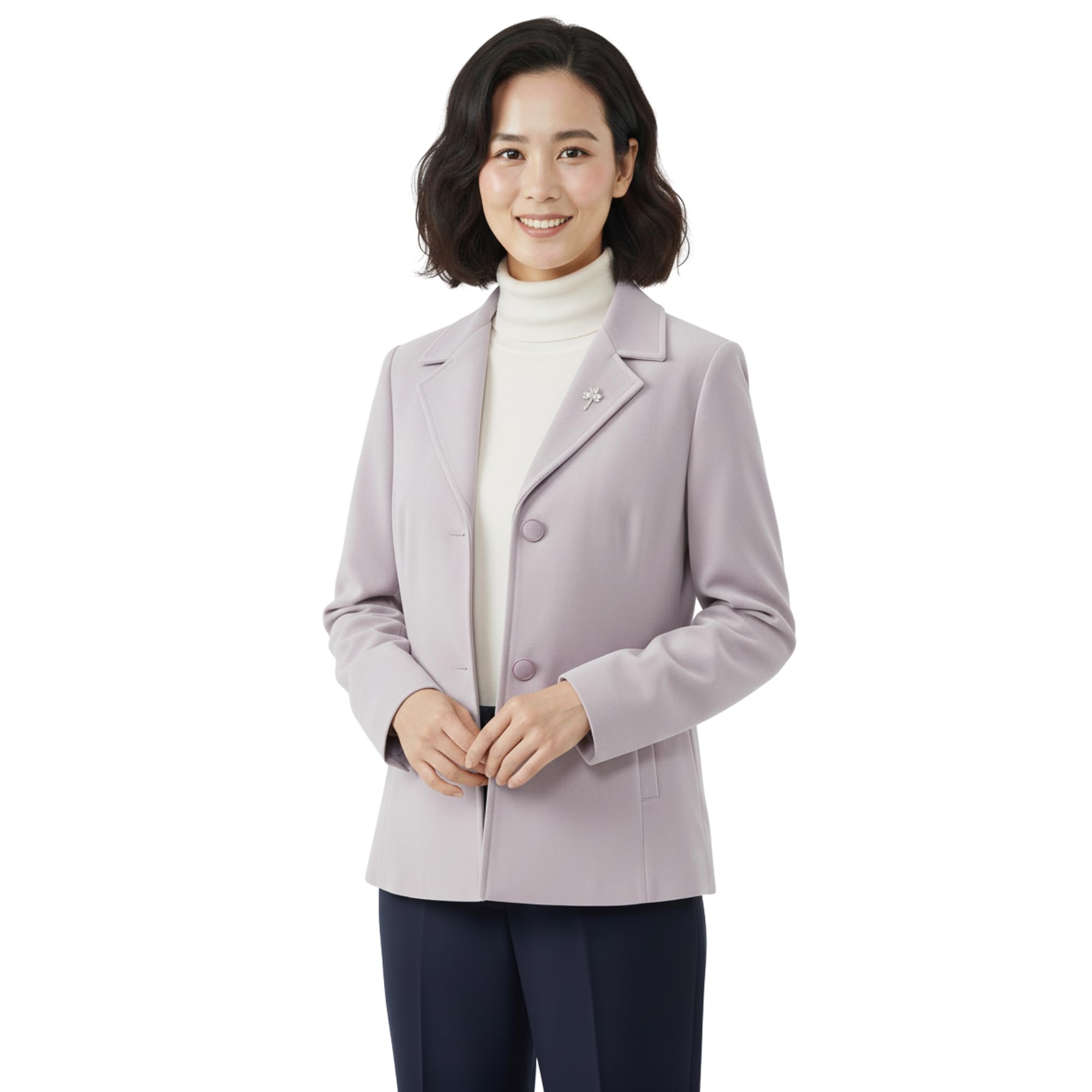 Women’s Pastel Blue Mid-Length Coat Notch Lapel Button-Down Jacket with Brooch-picture-10