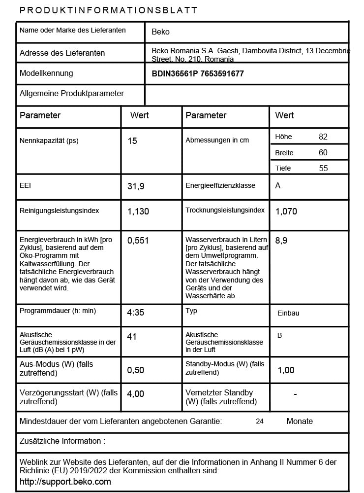Beko BDIN36561P Einbau-Geschirrspüler 60 cm, 15 Maßgedecke, Zeitvorwahl, PowerIntense, Quick&Clean-Programm, 5 Programme, Watersafe+, Weiß