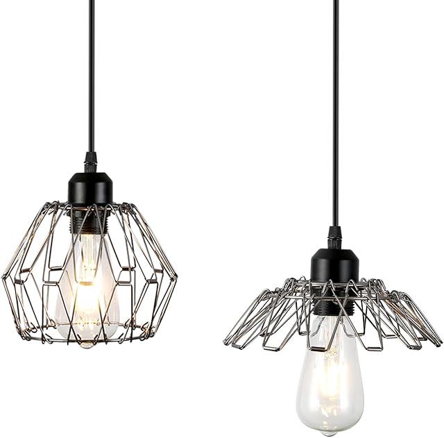 Industrial Pendant Lighting 2 Pack Deformable Metal Cage Vintage Hanging Pendant with E27 Base Adjustable Hanging Light,Pendant Ceiling Light Fixture for Kitchen Living Dining Room