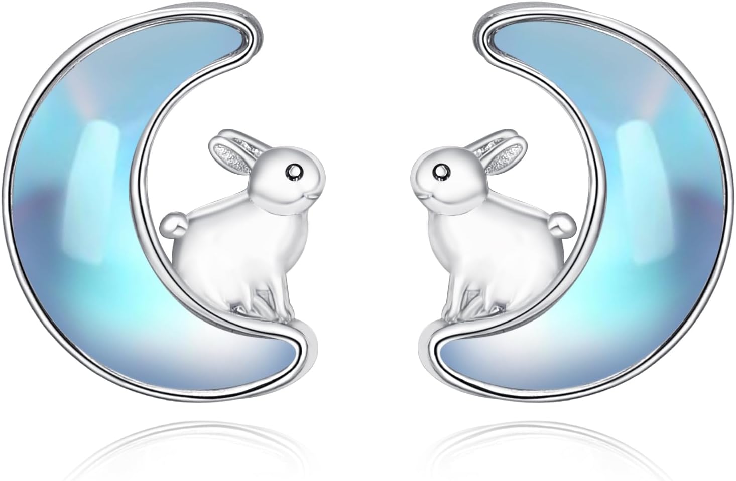 Dreamboat Bunny Owl Moonstone Stud Earrings for Women 925 Sterling Silver Hypoallergenic Crescent Moon Earrings Animal Jewelry Gifts for Sensitive Ear