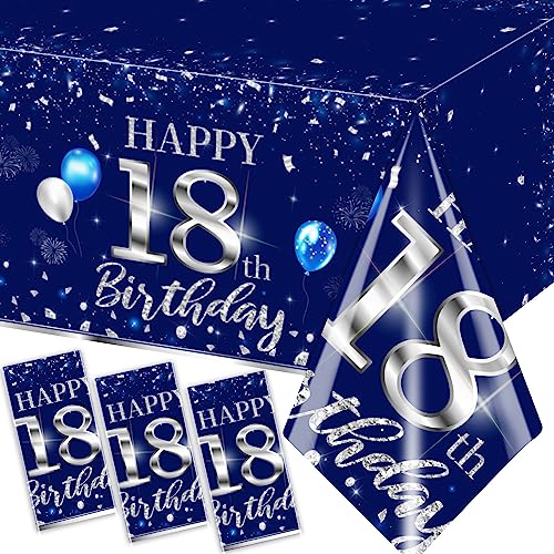 GREHUMOR 3pcs 18th Birthday Tablecloth Silver Blue Happy Birthday Decorations for Boy 18 Years Old Party Supplies Disposable Plastic Waterproof Table Cover