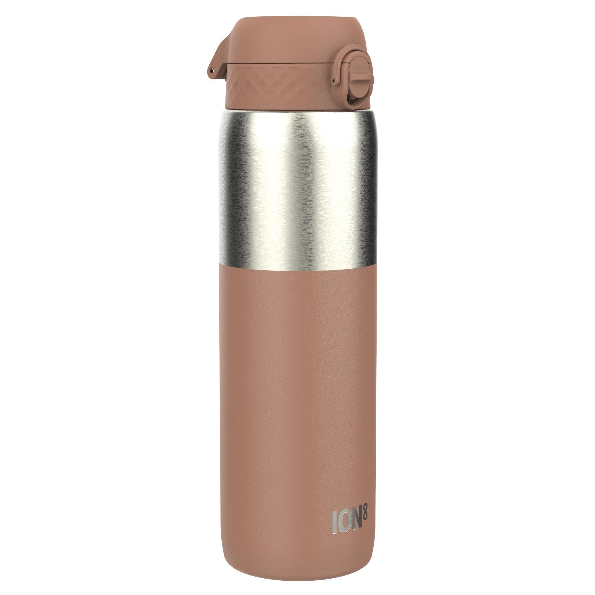 Ion8 Vacuum Insulated Stainless Steel 1 Litre Water Bottle, 920 ml/31 oz, Leak Proof, Easy to Open, Secure Lock, Dishwasher Safe, Carry Handle, Metal Water Bottle, Half Cut Mocha Mousse