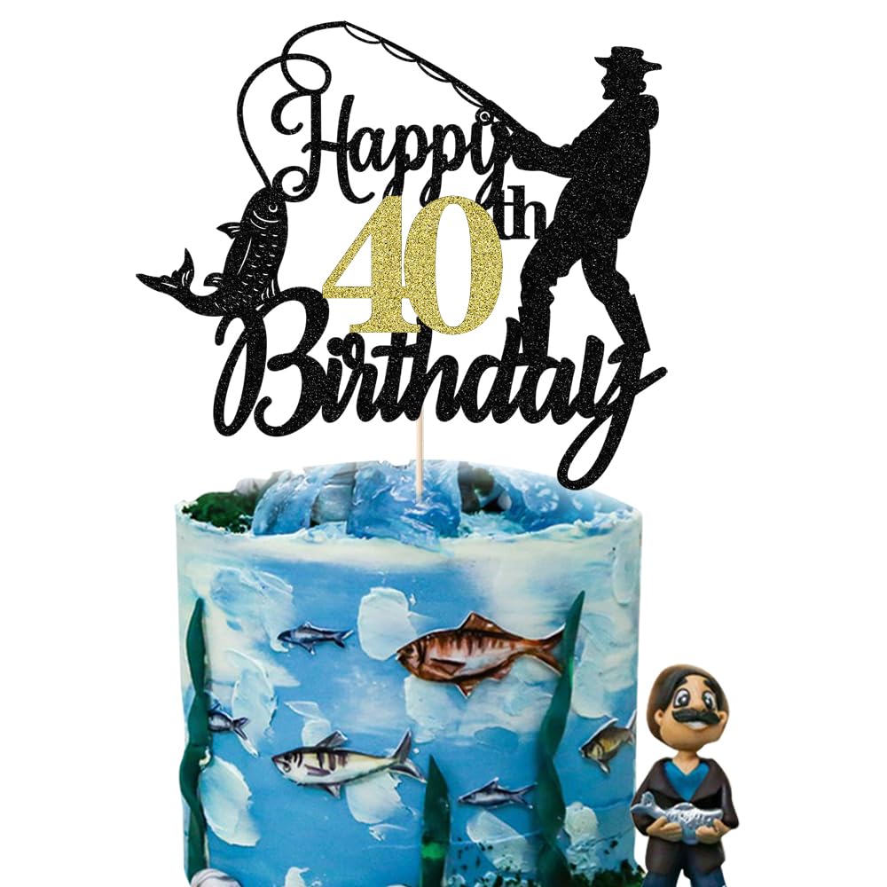 Fishing Happy 40th Birthday Cake Topper - Man Fisherman Theme Cake Decor -Fisherman 40 Years Old Party Decorations,Cheers to 40 Years,Fishing Themed 40th Birthday Party Decorations