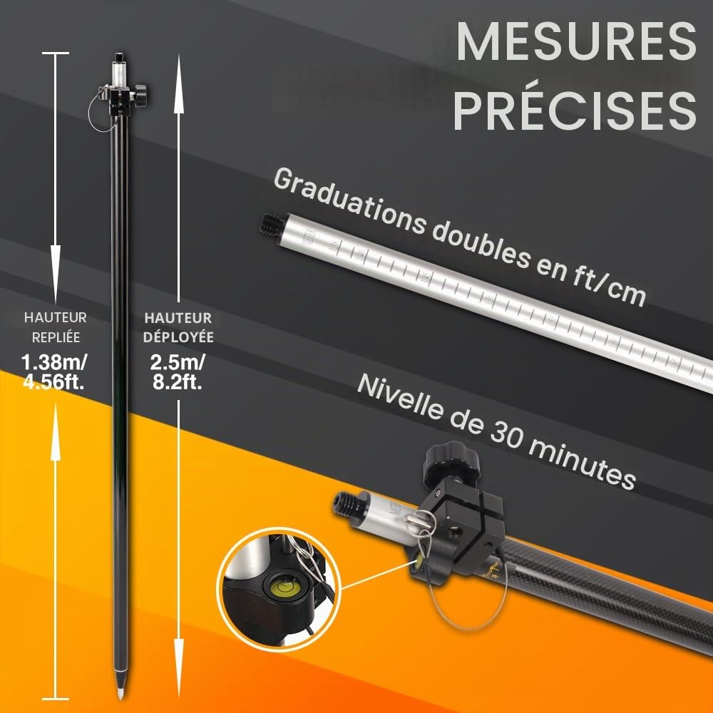 Mât GPS télescopique en fibre de carbone - Étendu jusqu'à 2,5 m/8,2 pi, pour l'arpentage et l'ingénierie GPS/GNSS accessoires et instruments (GLS25A)
