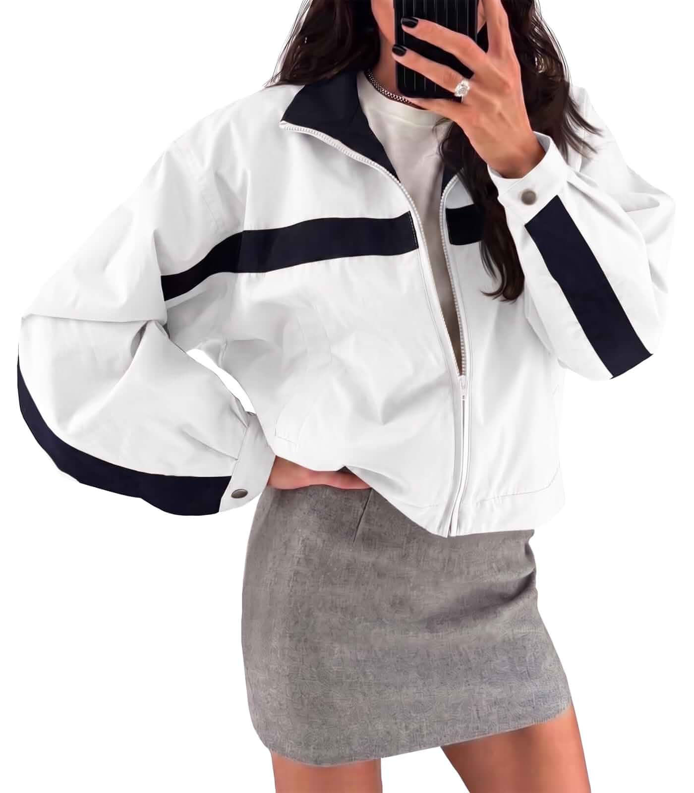 Fisoew Womens Cropped Zip Up Jacket Lightweight Windbreaker Casual Coat Color Block, Stand Collar, Trendy Bomber Jacket, Windproof Outdoor, 2026 Fall Y2K Coat with Pockets