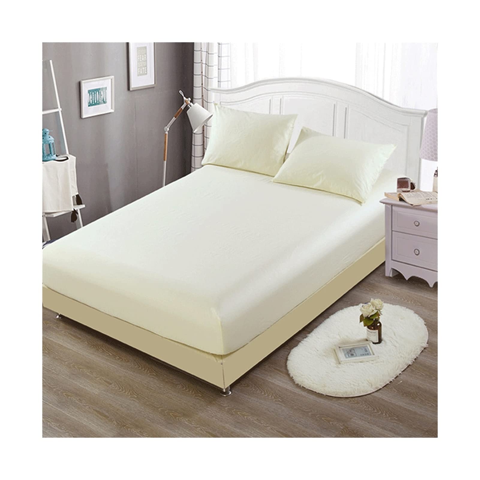 Drap-housse 100% coton beige 200x220cm grand lit 2 personnes bonnet 22cm