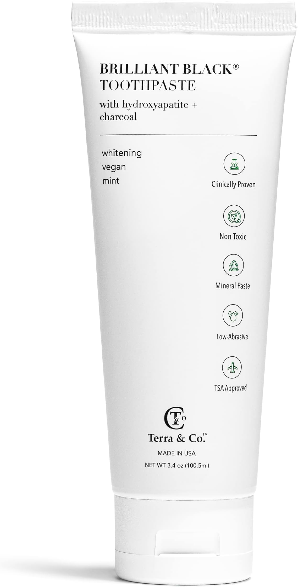 Terra & Co. Brilliant Black Hydroxyapatite Toothpaste for Whitening Teeth – USA-Made - Natural Remineralizing Toothpaste, Fluoride-Free, Vegan, SLS-Free, Low Abrasion – Mint, 3.4 oz