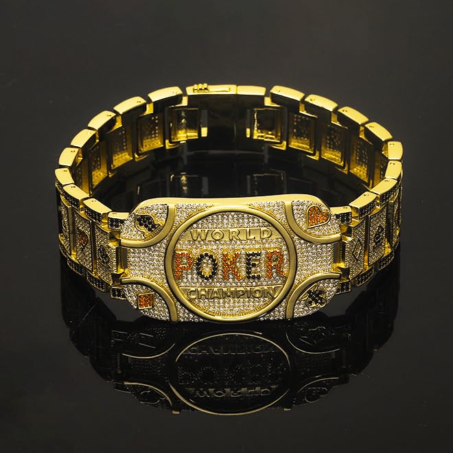 Wold Poker Champion Bracelet Brass Full Iced 8.5" Simulated Diamond Gold Plated Bling - Great Prize For Local poker tournaments2
