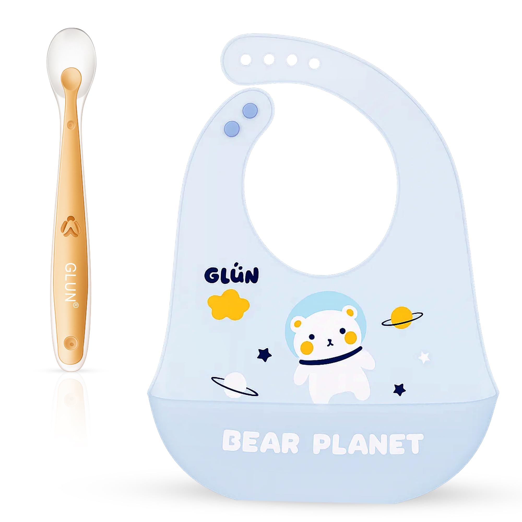 GLUN® 2 Soft Feeding Spoon & 1 Piece Bibs Combo, Cute Bear Print Bib with Carry Bowl for Growing Champs, Easily Wipes Clean, Less Time Cleaning After Meals for Babies-image-31