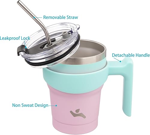 Miniatura 2 de Vaso de 10 onzas con asa y 2 pajillas, 2 tapas, botella de agua aislada de acero inoxidable, taza de viaje reutilizable, goma de mascar