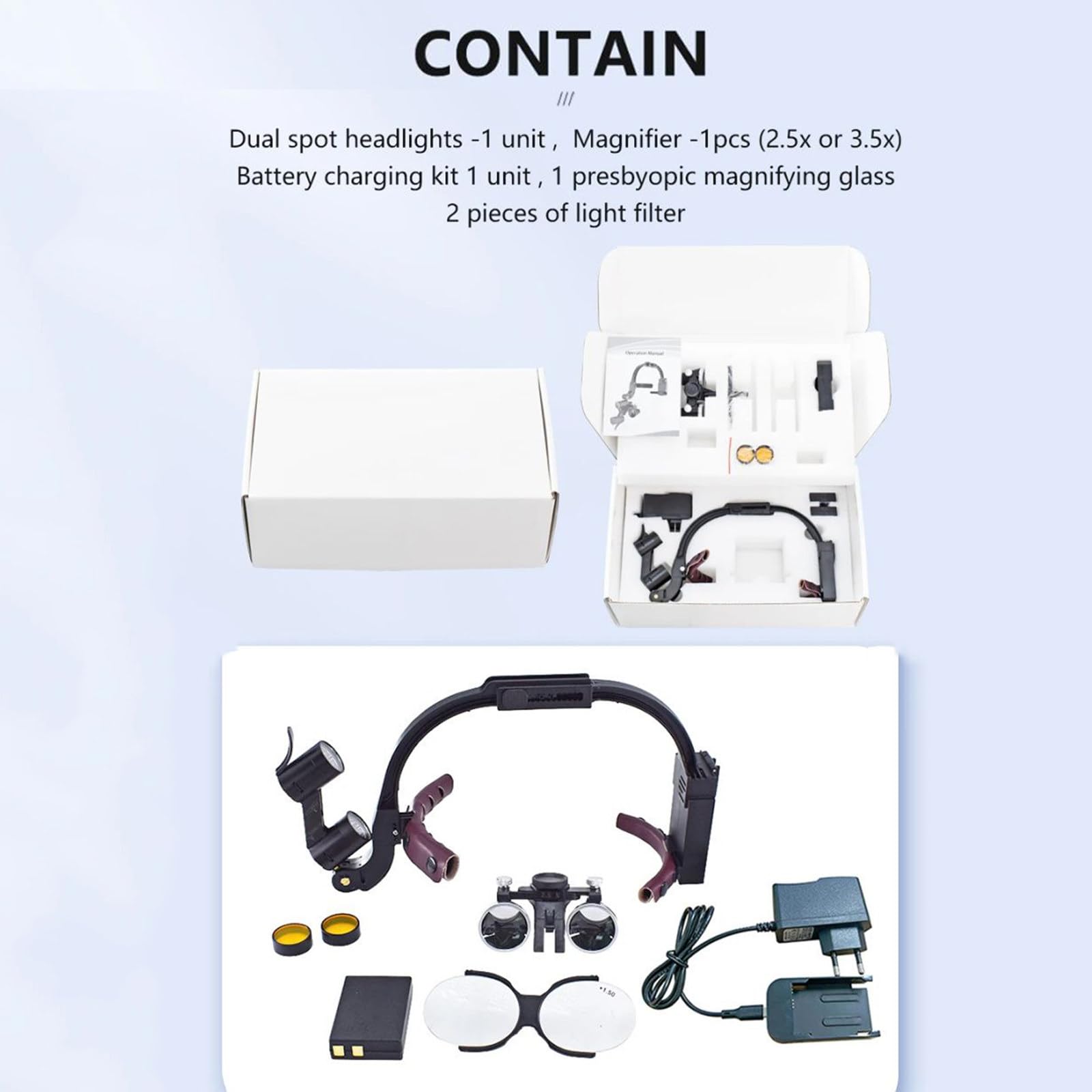Lupa quirúrgica dental binocular con faro LED 2.5X 3.5X montada en diadema