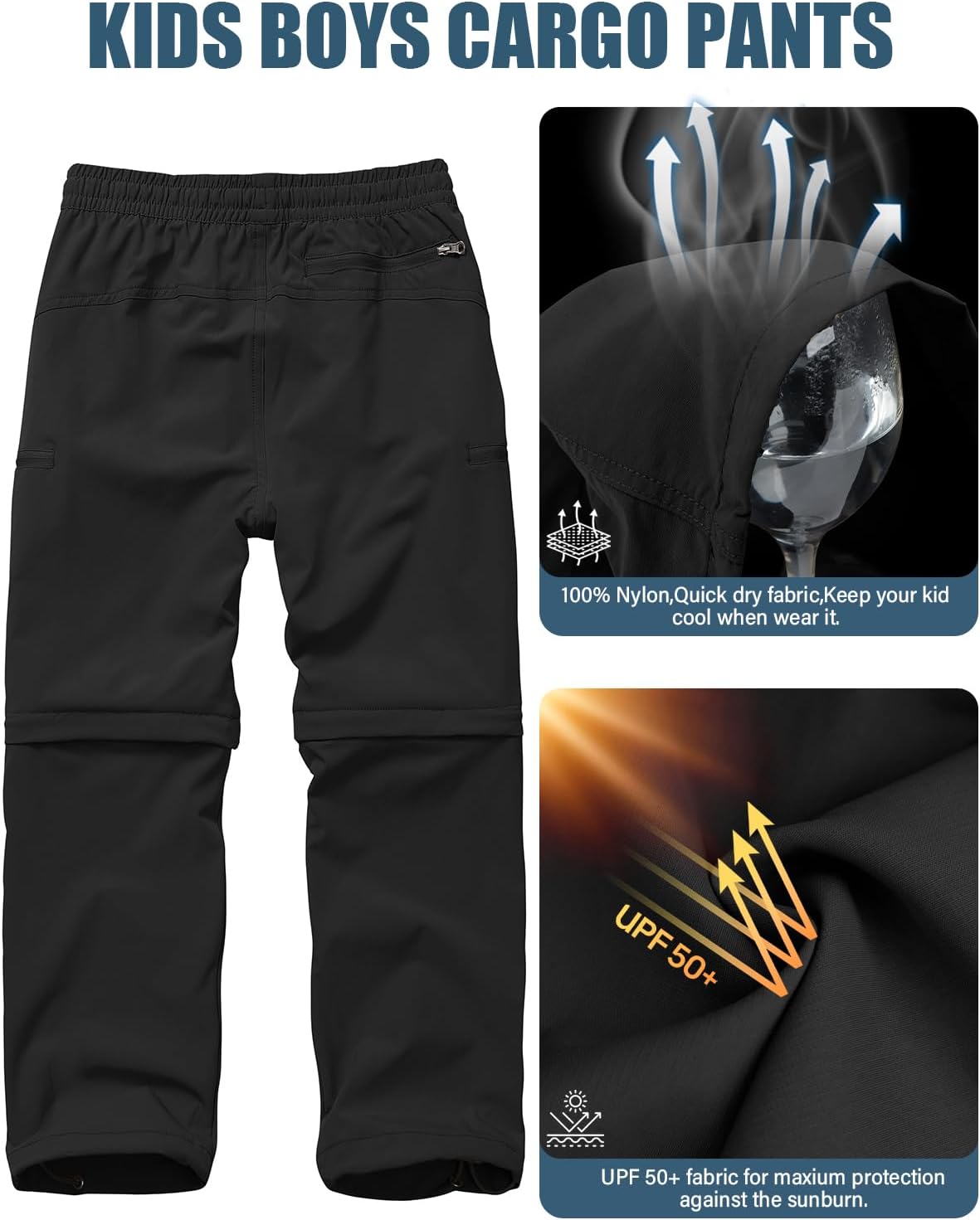 Boys Kids Hiking Cargo Pants, Youth Outdoor Quick Dry UPF 50 Lightweight Waterproof Safari Convertible Zip Off Pants - Image 7