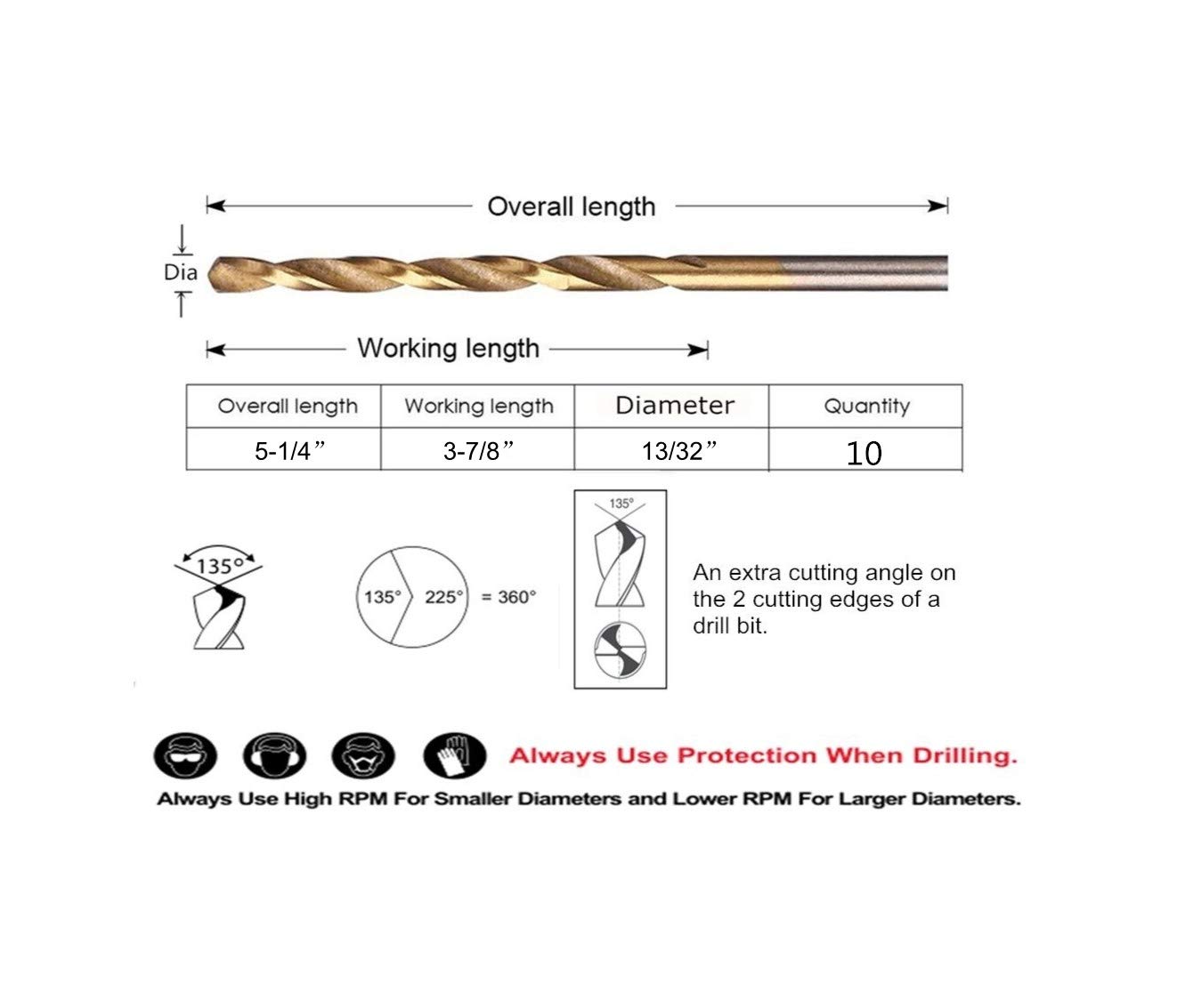 10PCS, 13/32", Titanium Coated Twist Drill Bits