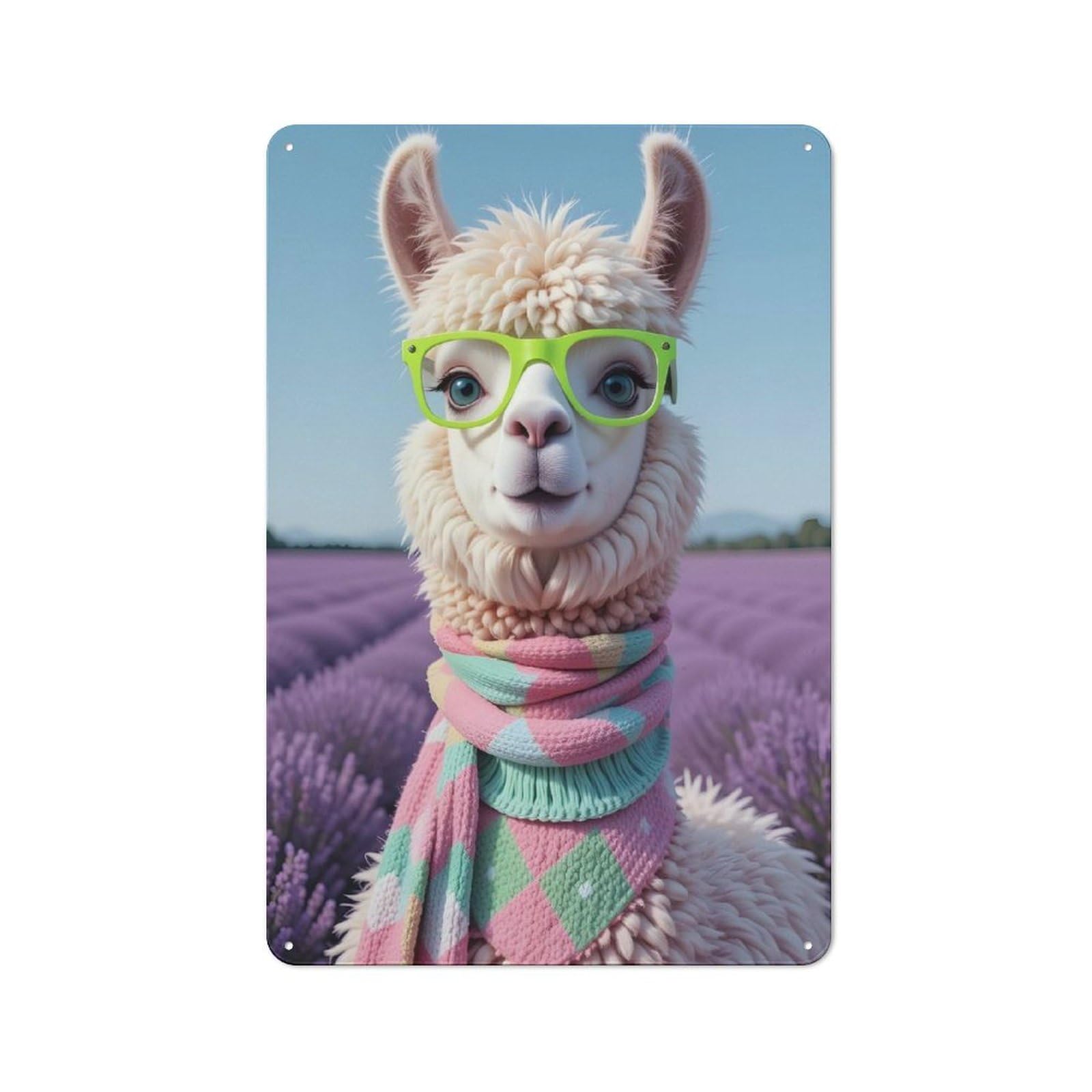 Junmoney Style-6 Workshop Style Garage Metal Sign 30X20cm Featuring Llama With Glasses In Lavender Field, Industrial Wall Art For Garage, Hobby Room, Office Or Man Cave