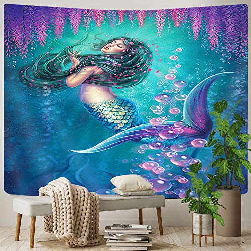 Goaok Mermaid Tapestry, Mermaid Girl Sea Underwater Fish Nature Ocean Sea Animals Tapestries Nautical Marine Life Small Tapestry Wall Hanging For Bedroom Living Room Dorm, 60X40Inch Purple Teal #TOP4