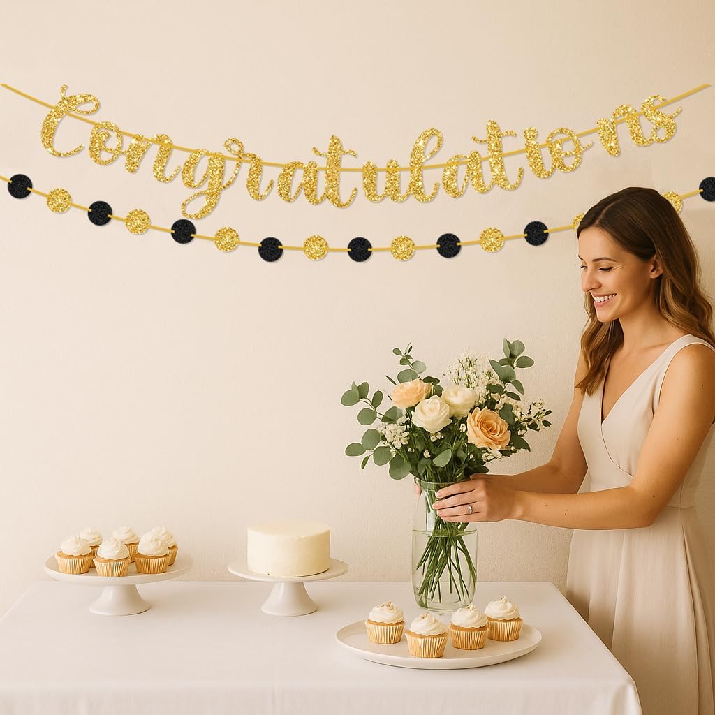 Gold Congratulations Banner – Pre-Strung Glitter Graduation Decorations for Party, Promotion, Wedding, Retirement, or Work Celebration – Reusable Congrats Sign for Backdrop or Fireplace - Image 5