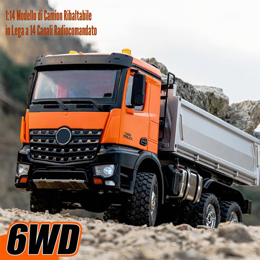 Camion di ingegneria RC per adulti, scala 1:14 14CH Full-proporzionale RC Dump Truck, per gli appassionati di veicoli di ingegneria, RTR/arancione