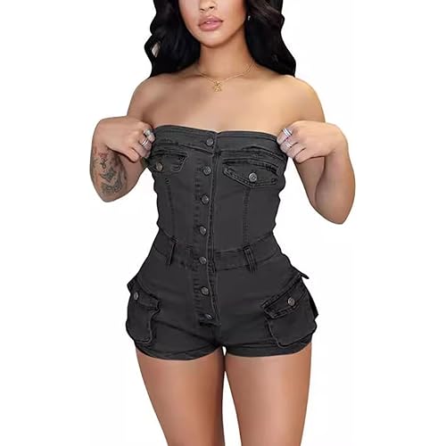 SHINFY Women's One Piece Denim Jumpsuit Bodycon Strapless Button Down Cargo Jeans Short Jumpsuits Romper