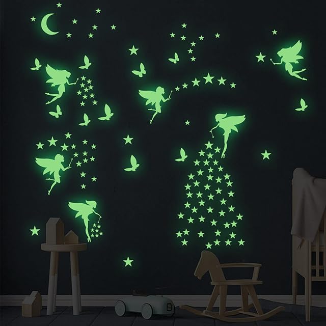 KAMEUN 6 Pack Stars and Moon Wall Stickers, Fluorescence Stickers Glow in The Dark, Wall Stickers for Bedrooms Boys Girls, Fairy Elf Luminous Stickers Wall Art Decal for Nursery Bedroom Decoration