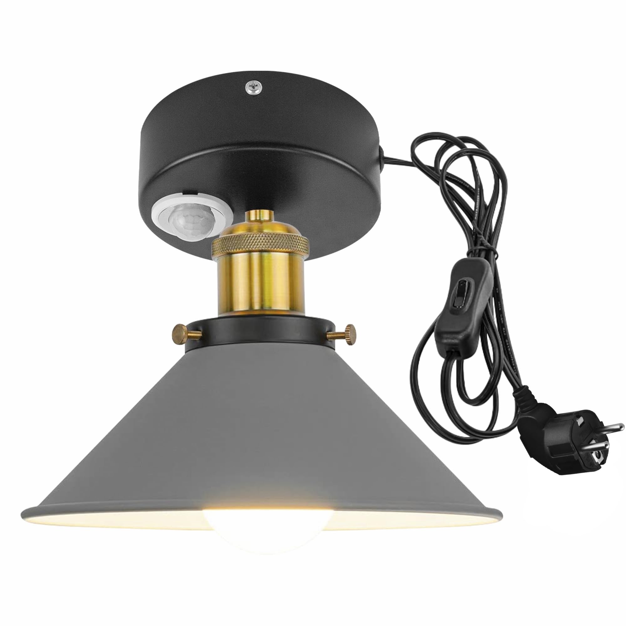 Plafoniera con sensore di movimento interno, in alluminio industriale, con sensore di movimento radar con cavo da 4,5 m e portalampada E27, per scale, garage, corridoio, bagno, grigio