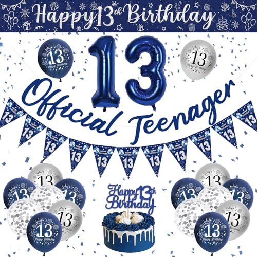 Décoration Anniversaire 13 Ans Garçon, Ballon Anniversaire 13 Ans, Décoration de Fête Bleu Argenté, Bannière Happy Birthday pour Garçon Décoration