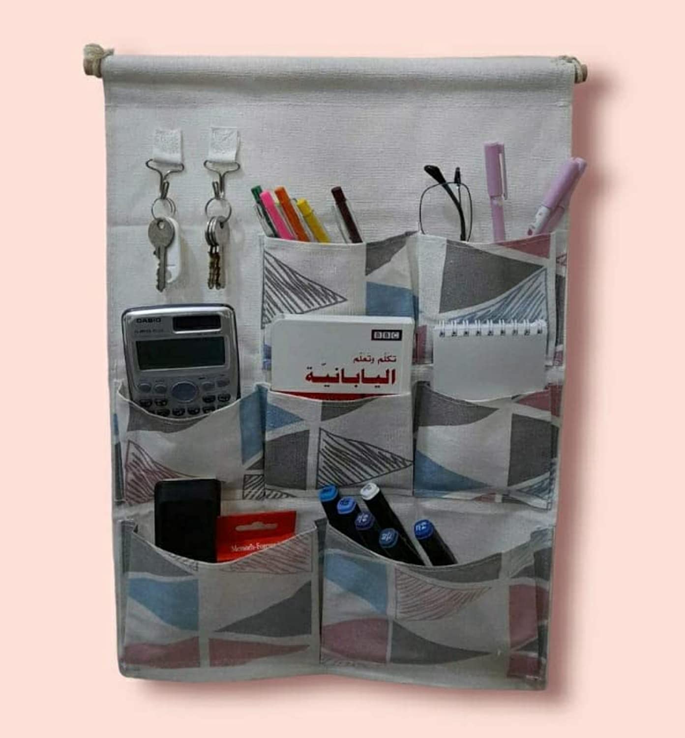 Sturdy Canvas Storage Organizer with Seven Durable and Various Size Pockets and Two Metal Hangers Organizer, Space Saver Kitchen Office and All Uses, Colorful Triangle Shape