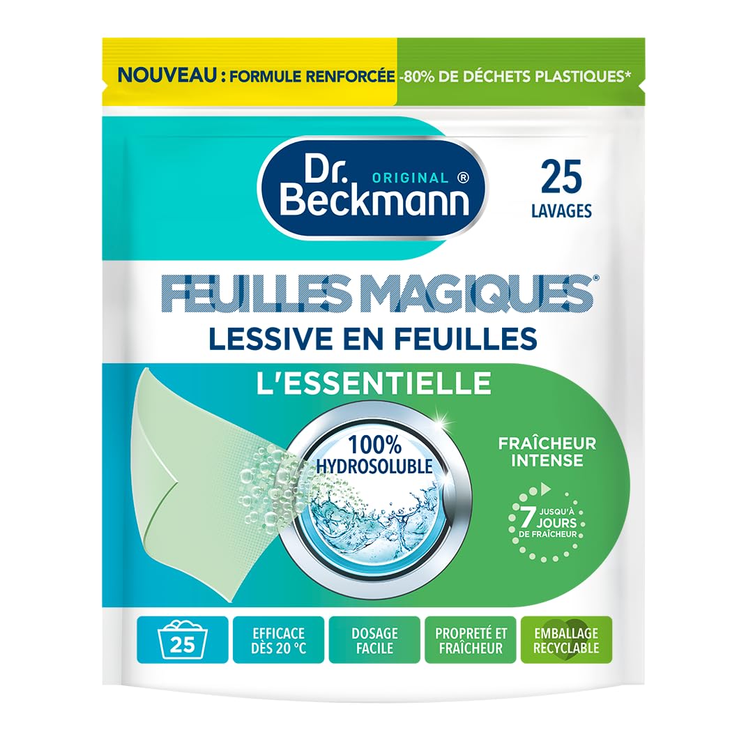 Dr. Beckmann - Feuilles Magiques Lessive L'ESSENTIELLE - Pré-dosées et Légères - 100% Hydrosoluble - 25 Feuilles Bergamote - Efficace et Pratique - Lot de 10