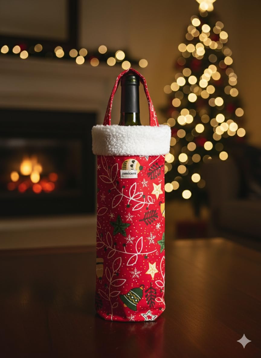 Kırmızı Desenli Noel Şarap Şişesi Kılıfı – Yılbaşı Hediye Çantası, Şömine Dekoru, Yılbaşı Süsleme