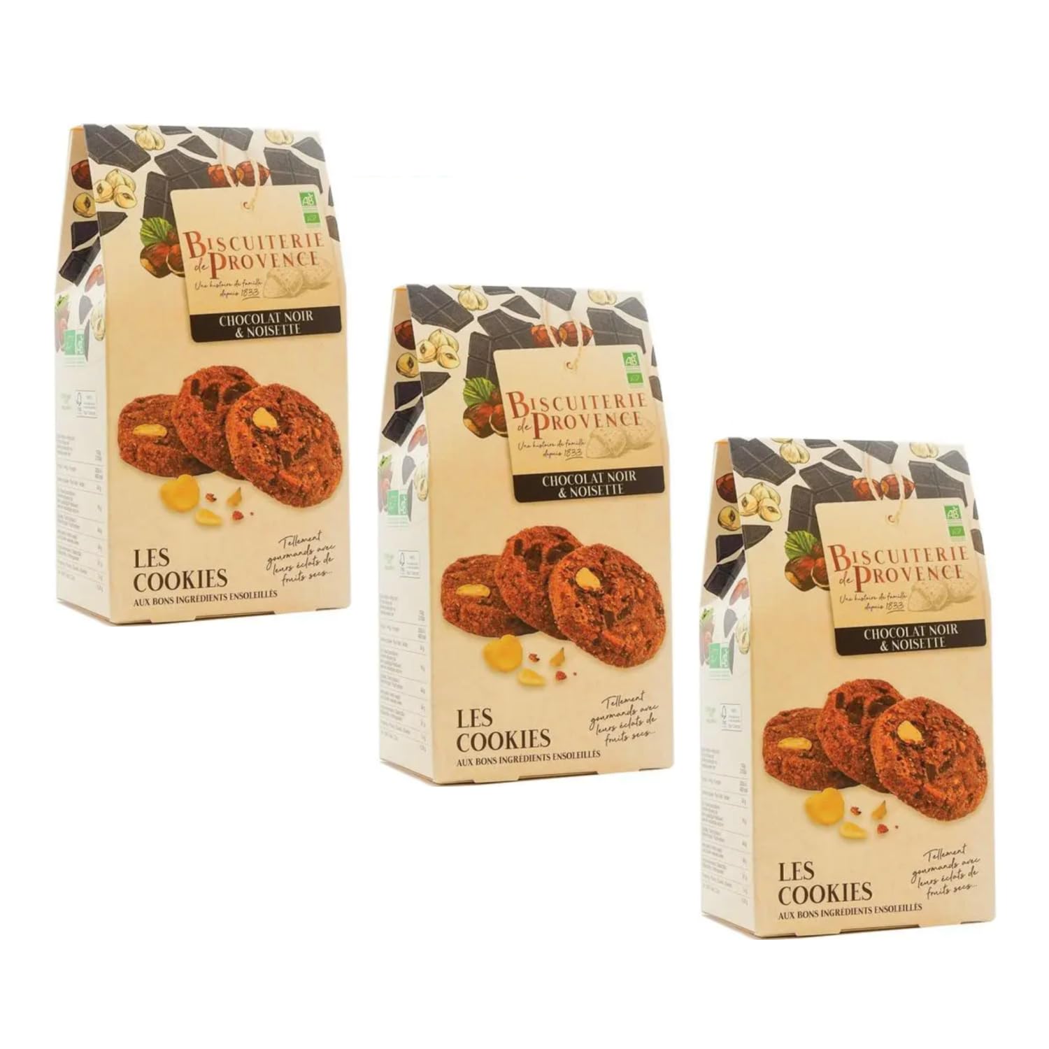 Biscuiterie de Provence | Biscotti BIO Cioccolato Fondente e Nocciole - 3 x 120 Gr | Astuccio Biscotti Francesi al Cioccolato Nero, Mandorle e Nocciole