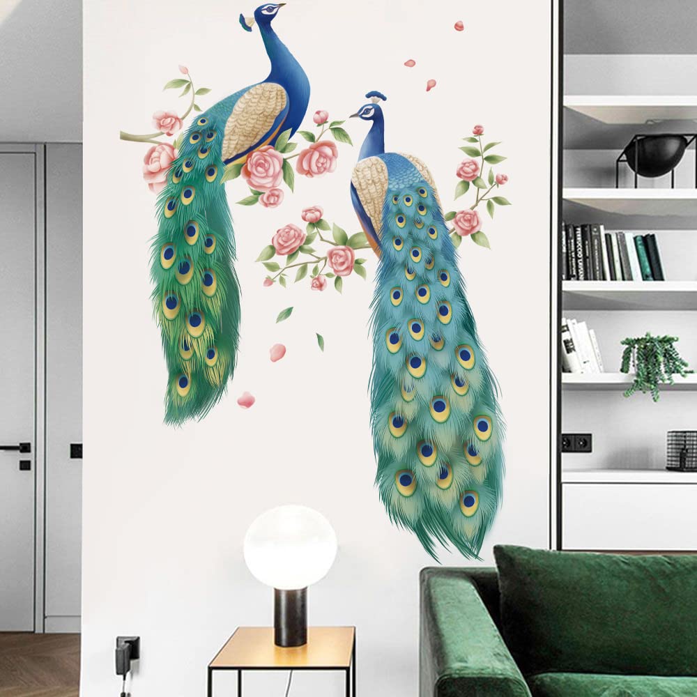 Runtoo Peacock Wall Decal Flowers Tree Branch Bird Wall Stickers Bedroom Living Room Office Home Decor