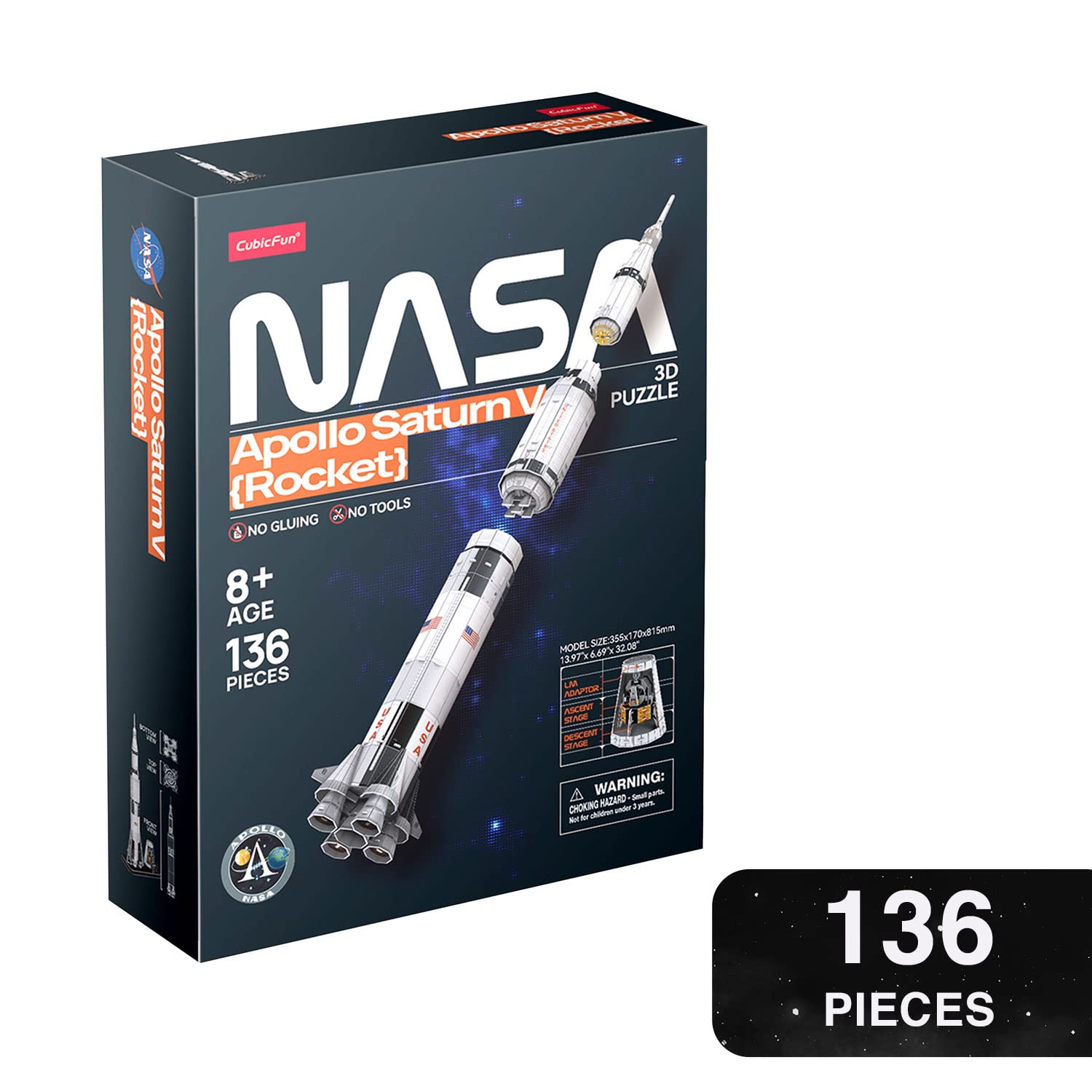 NASA - Puzzle 3D Apollo Saturn V Rocket - Puzzle 3D Enfant Et Adulte | Maquette A Construire Adulte | Cadeau Garcon 8 Ans | 136 Pièces | Puzzles 3D