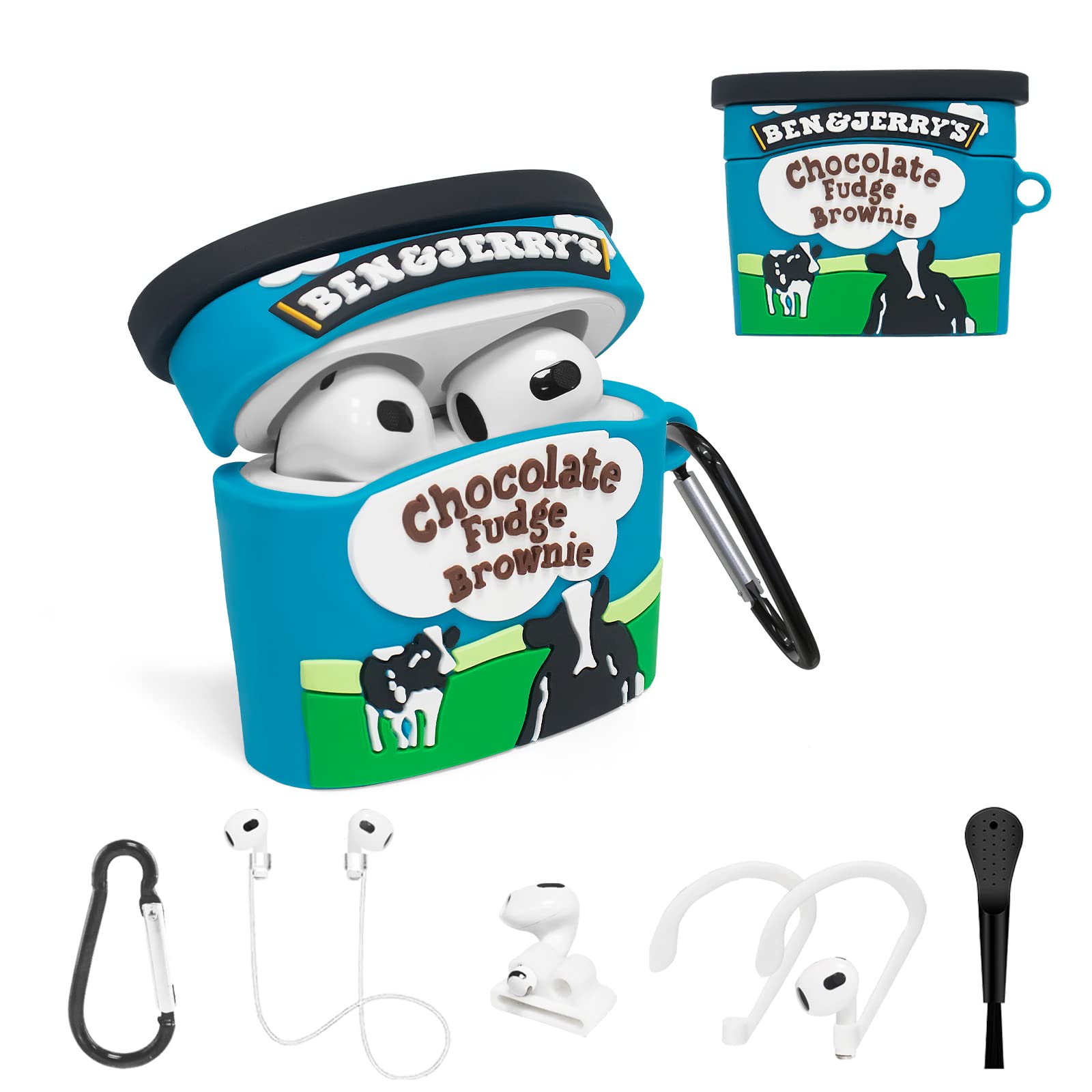 SUIHUOJI Case for Airpods 3 Generation, Cute Airpods 3 Case Kawaii Blue Ice Cream Cup Cartoon Novelty Airpods 3 Gen Cover, 6in1 Accessories/Carabiner/Anti-Lost Rope,Watch Strap,Ear Clip/Small Brush