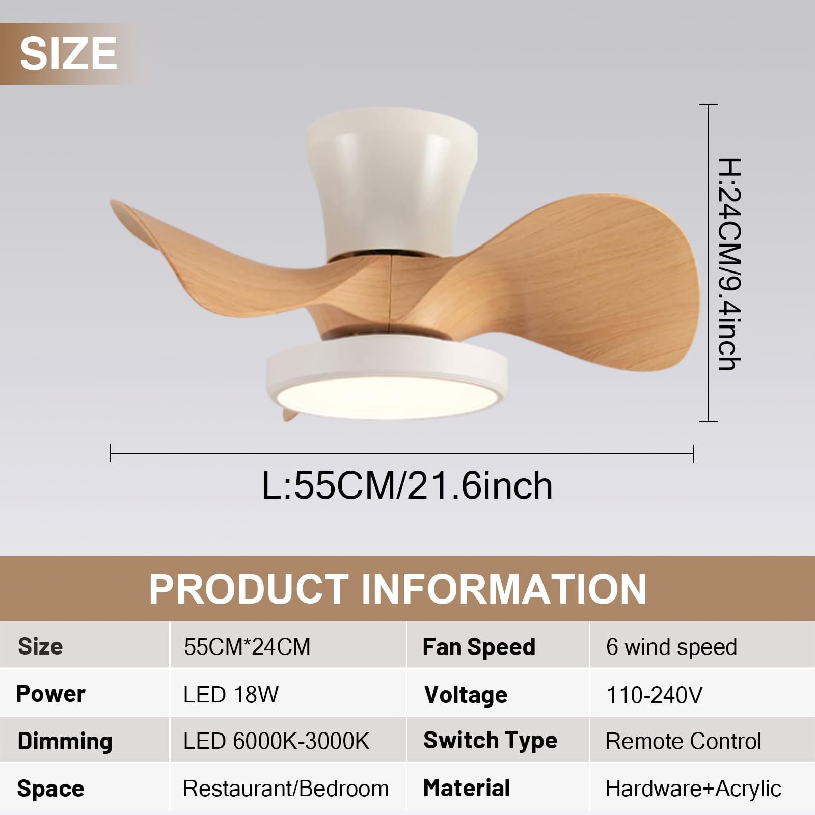 Ventilatore Da Soffitto Con Luce LED E Telecomando - 55 Cm, 6 Velocità, Motore Reversibile Estate/Inverno, Moderno - 3