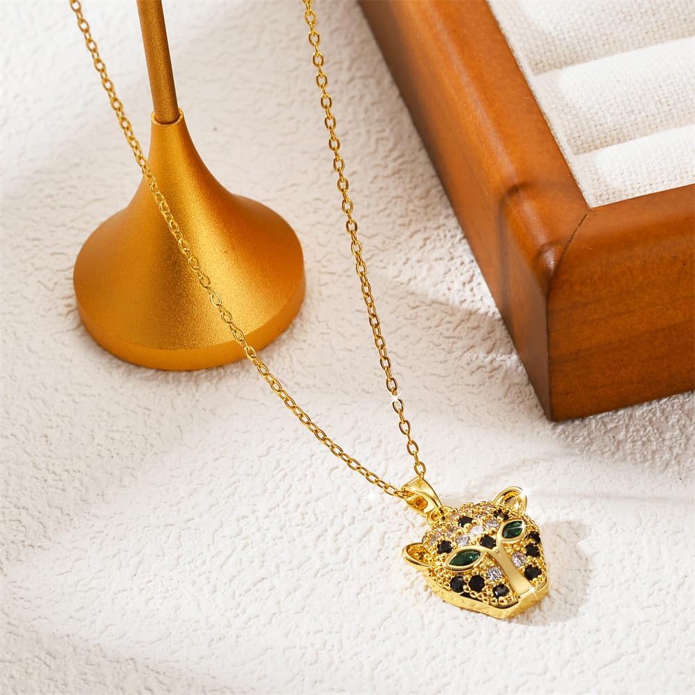 18K Gold Plated Panther Head Pendant Necklace with Green Eyes CZ and Black Crystal Accents - Image 3