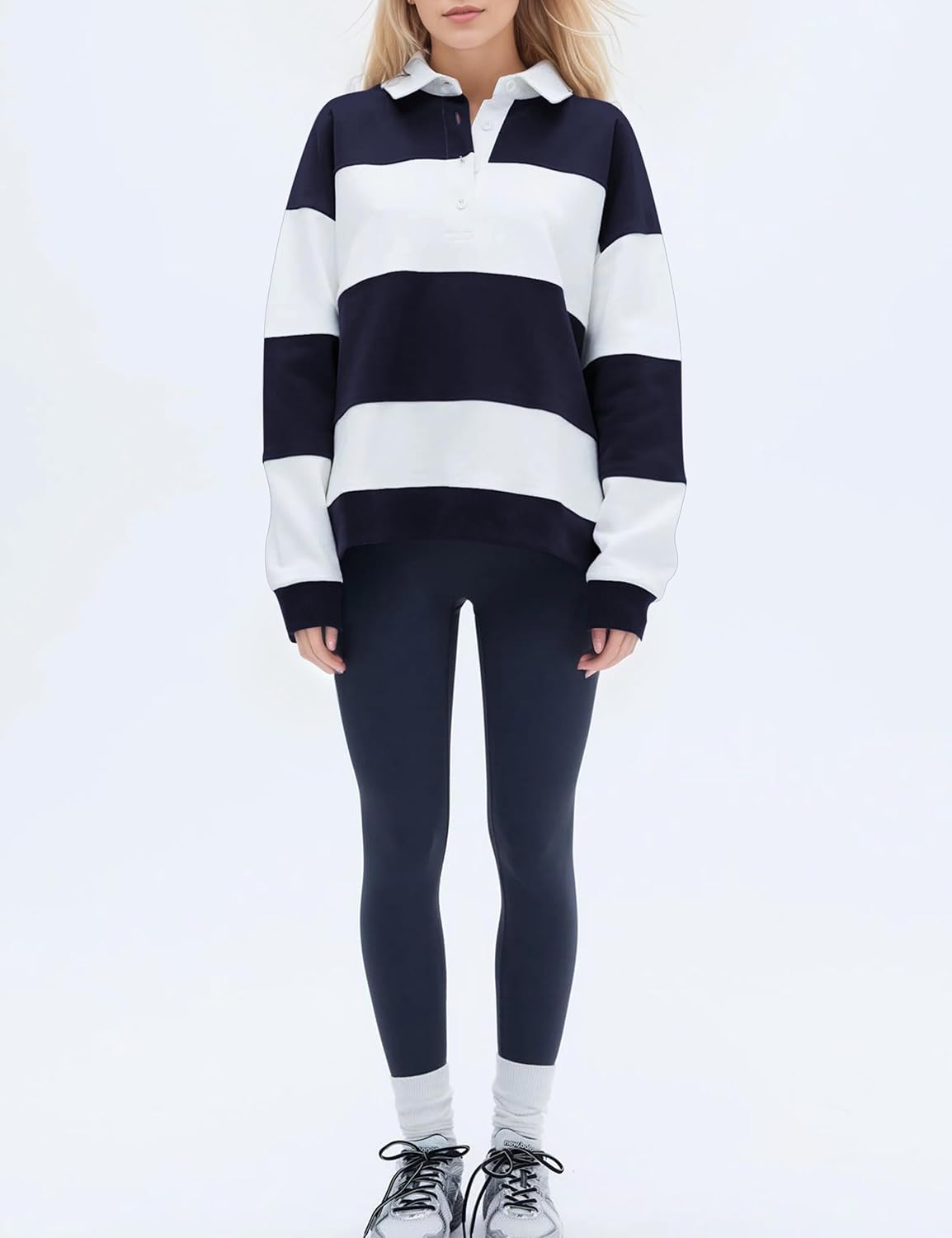 SHBECYDE Women Striped Color Block Polo Sweatshirt Lapel Collared Long Sleeve Oversized Rugby Shirt 2025 Trendy Fall Clothes - Image 4